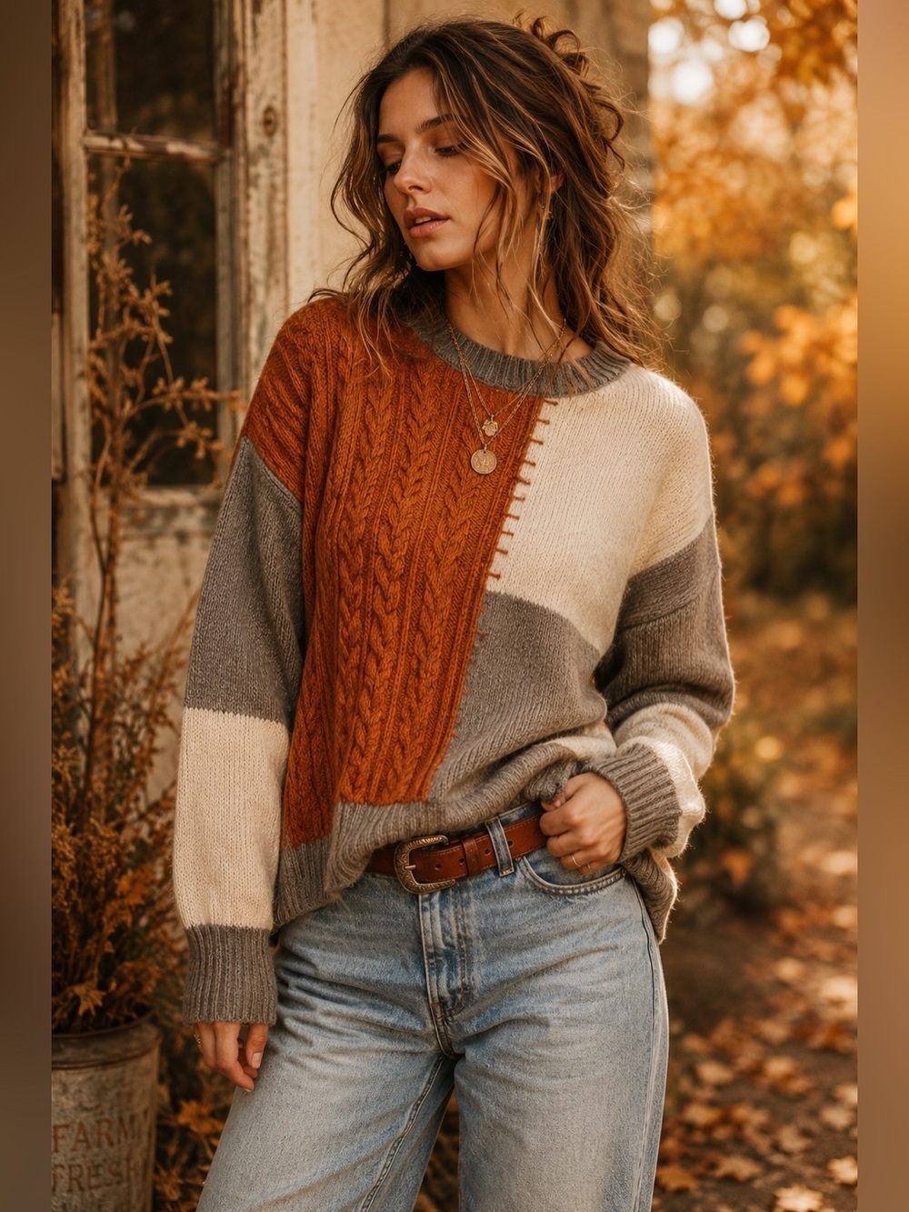 Debut Colorblock Cable Knit Oversized Sweater Orange Gray
